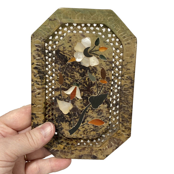 Trinket Jewelry Box & Lid Carve Stone Marble Mother of Pearl Inlay Flower Design - Picture 5 of 11